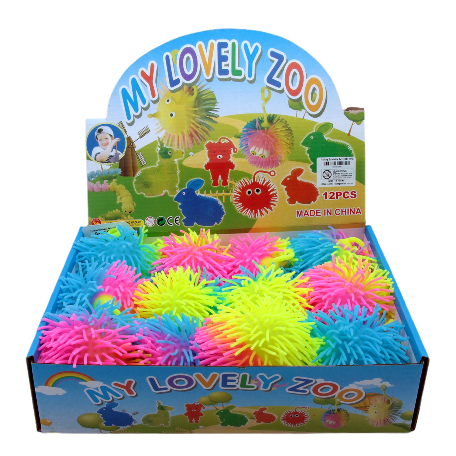 Colorful assortment of Flashing Strechable Balls(10CM) in a display box for fun playtime activities.
