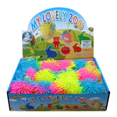 Colorful assortment of Flashing Strechable Balls(10CM) in a display box for fun playtime activities.