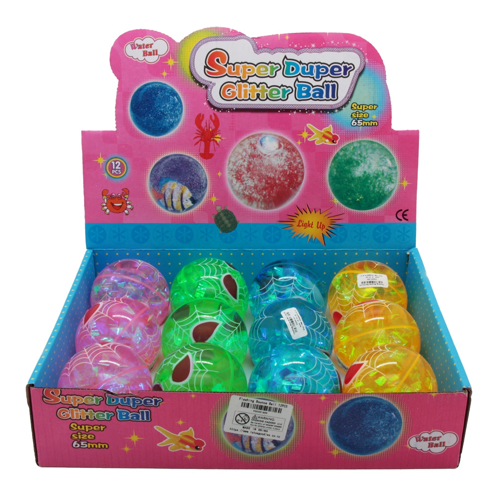 Flashing Bounce Ball display with colorful glitter balls in a fun packaging design.
