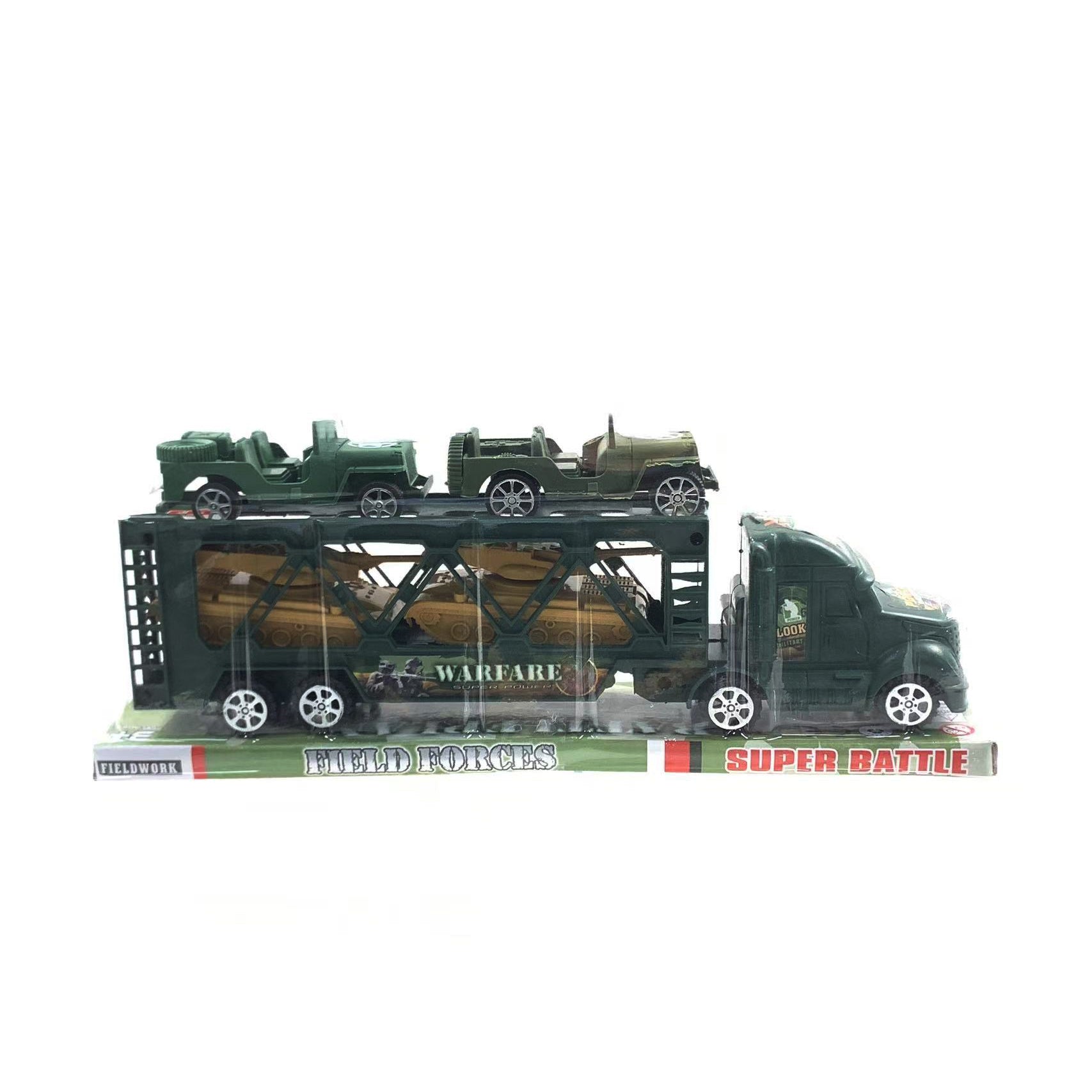 Military Transport Truck Toy Set featuring a toy truck and military cars on a display.