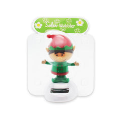 Solar Dancing Christmas Dashboard Toy featuring a cheerful elf character with a red hat and green outfit.