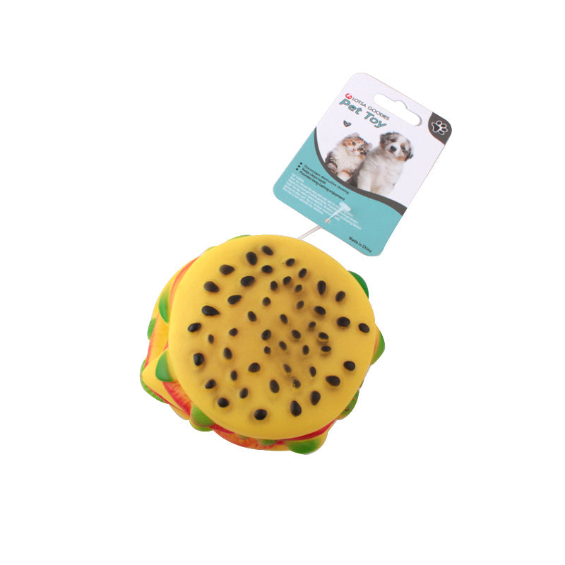 Bright and fun Pet Toy Burger for dogs with vibrant colors and textures, ideal for playtime and chewing.