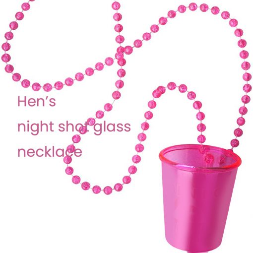 Hens Night Out Shot Glass with pink beaded necklace design for party celebrations.