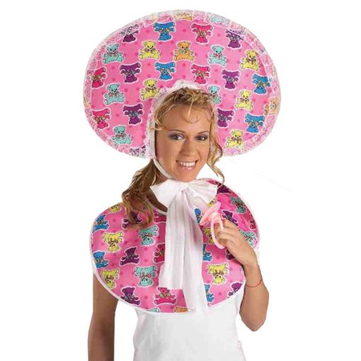 Fun costume featuring a large, colorful hat and bib set, perfect for a Baby Girl Party Kit.