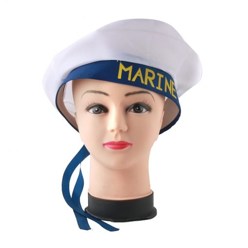 SP-Marine Hat displayed on a mannequin head, featuring a white design with a blue ribbon and yellow 'MARINE' lettering.