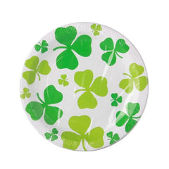 Clover Dishes featuring green clover designs on a white paper plate, perfect for St. Patrick's Day celebrations.
