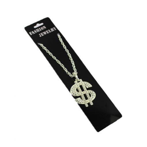SP-Dollar Necklace(N) displayed on a black card, featuring a sparkling dollar symbol pendant.