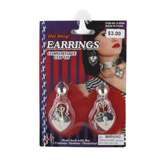 H.B Earrings displayed on packaging, featuring heart lock design and stylish clip-on comfort, perfect for costume or fashion.