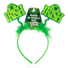 St.paddy Lrish Hair Band featuring green fluffy headband with IRISH signs for St. Paddy's Day celebration.