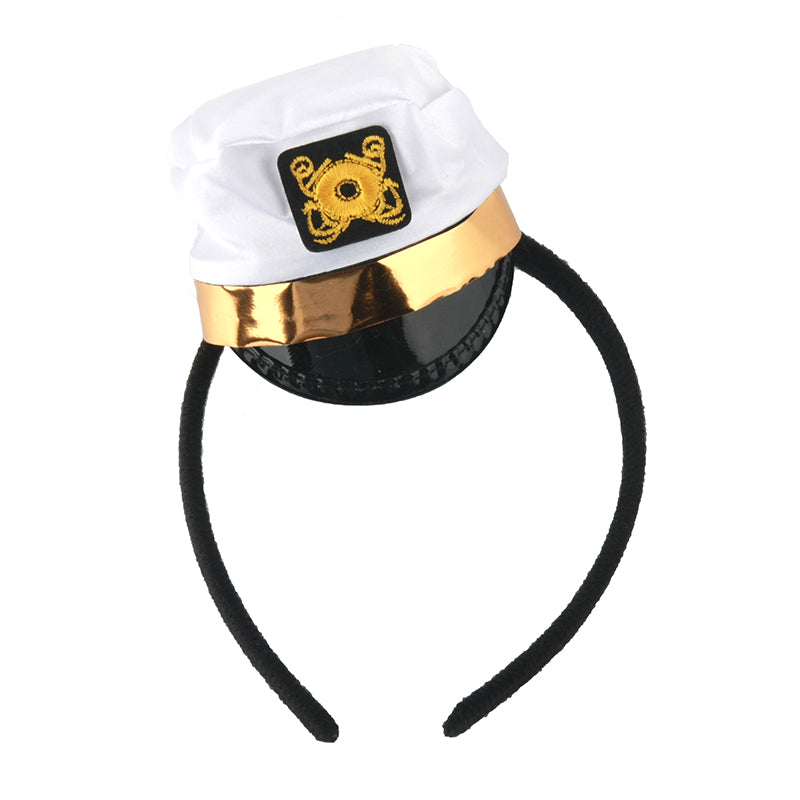SP - Navy Hat Hair Band featuring a white captain's hat design on a black hair band.