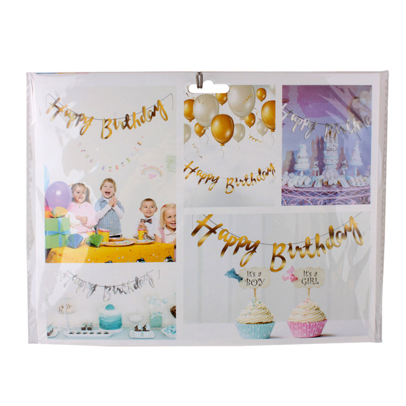 Happy Birthday Banner displaying party decorations, cakes, and festive balloons for a joyful celebration.