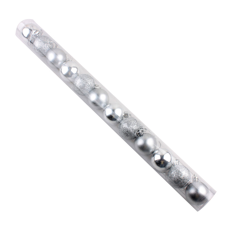 X-mas NR Ball (12PCS,4CM) set of silver decorative Christmas ornaments in a transparent packaging.