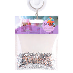 Confetti Star( 10G,3MM)  (PS:9.5*12.4CM) in a clear resealable pack with metallic silver stars for party decorations.