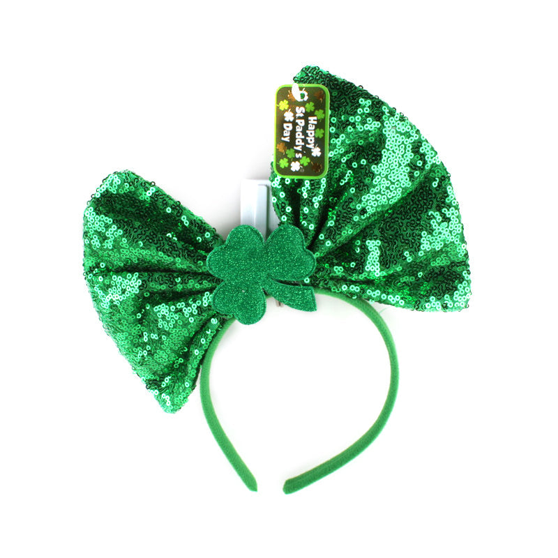 St.paddy Ribbon Hair Band(23*21CM) with green sequins and shamrock for festive celebrations.