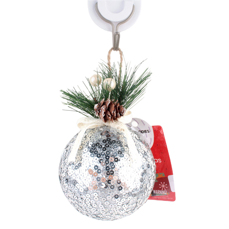 8CM X-mas Shiny Ball decorated with pine, cones, and sequins, perfect for holiday decor.