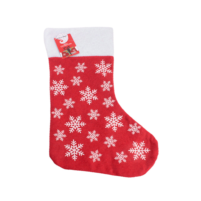 X-mas Stocking featuring a red design with white snowflakes and a white cuff.
