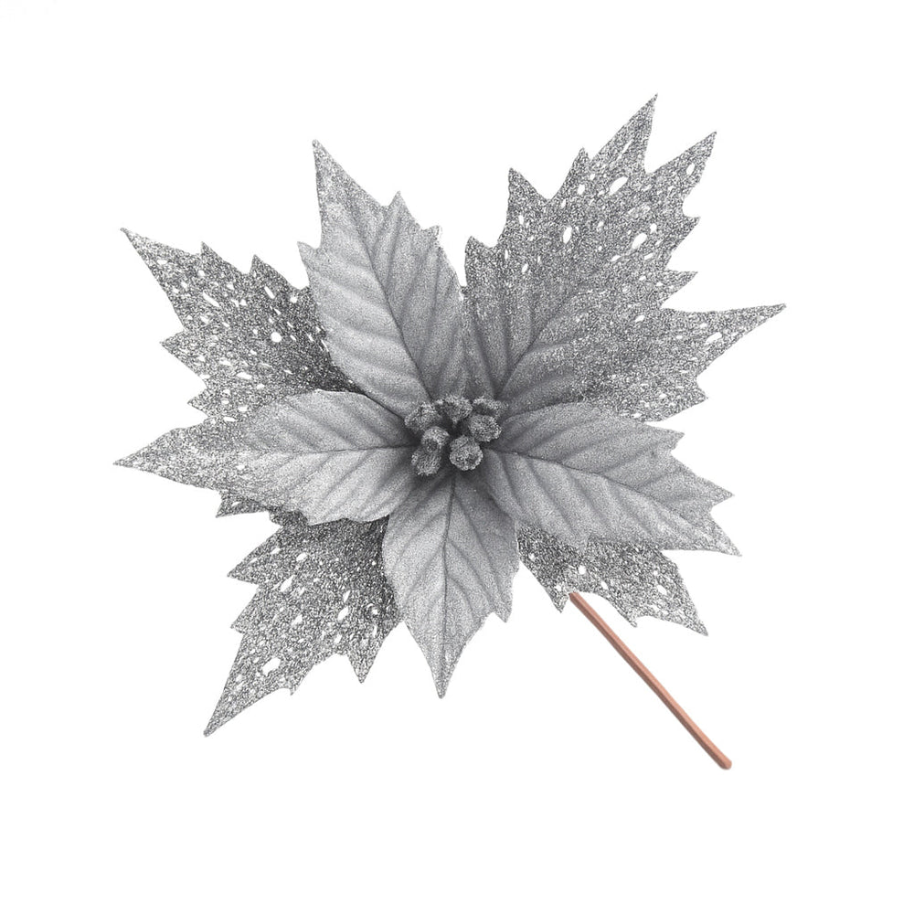 X-mas Flower Stick - silver glitter poinsettia flower decoration for festive celebrations.