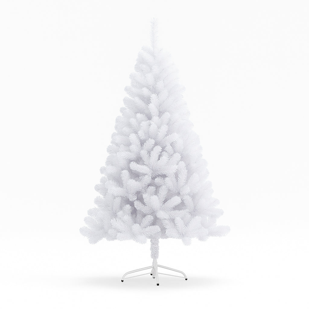 X-mas Tree White (1.8M) standing on a metallic base with fluffy branches, perfect for holiday decoration.