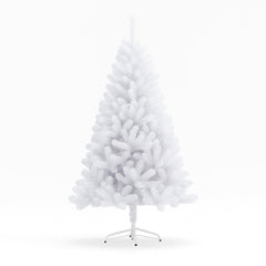 X-mas Tree White (1.8M) standing on a metallic base with fluffy branches, perfect for holiday decoration.