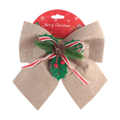 X-mas Deco Ribbon Hemp decorative bow with festive holly and pine accents for Christmas decorations.