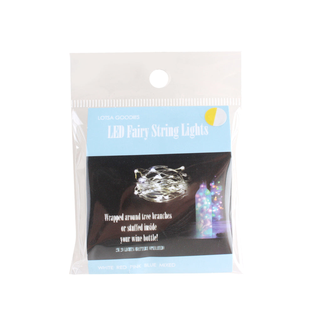 LED Fairy String Lights (Warm White) – Button Battery Slim Lights NZ in packaging with decorative uses mentioned.