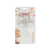 Elegant 🎂 Birthday Cake Topper set featuring a shimmering 'Happy Birthday' banner in silver, perfect for celebrations.