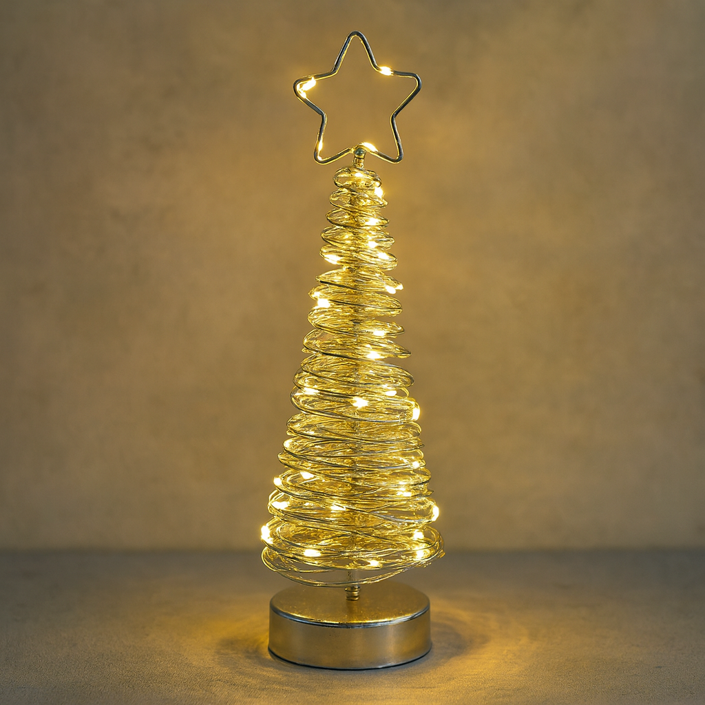 LED Silver Wire Christmas Tree – Light Up Spiral Tree with Star Top illuminated with warm lights, perfect for holiday decor.