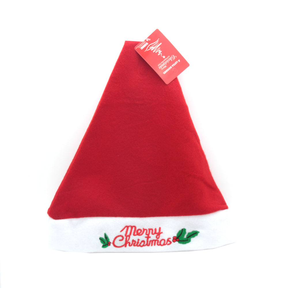 X-mas Santa Hat with Merry Christmas embroidery, perfect for festive celebrations and holiday parties.