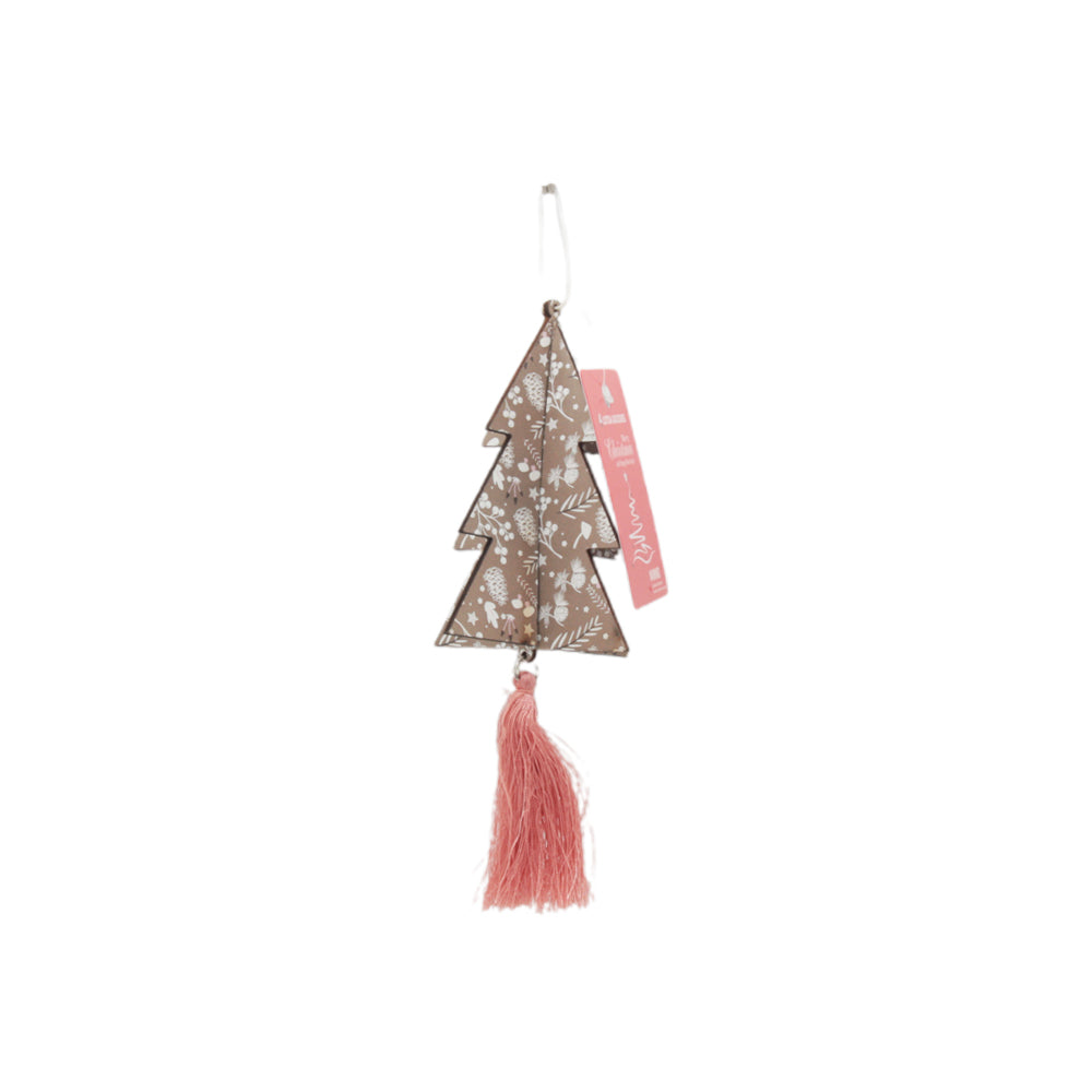 Wooden Christmas Tree Ornament with Tassel – Hanging Rustic Decoration featuring a pink tassel and delicate design.