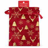 Christmas drawstring gift pouch 13 x 18cm - Red Gold Reindeer & Snowflakes