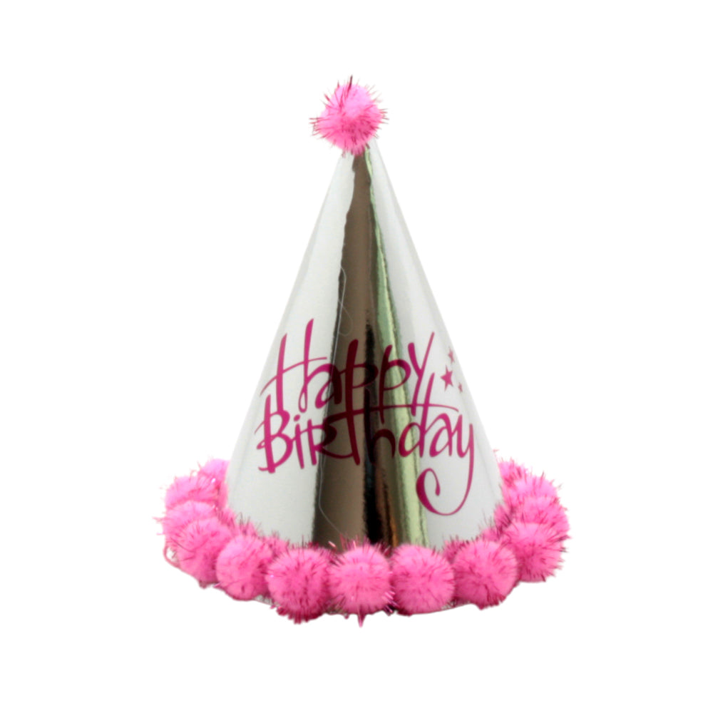 π Kids Birthday Party Hats β Pink & Blue with a shiny pink birthday hat featuring pom-poms and festive text.