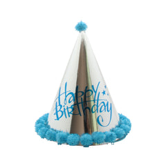 π Kids Birthday Party Hats (Larger Size) β Pink & Blue shiny party hat with blue pom-poms and 'Happy Birthday' text.