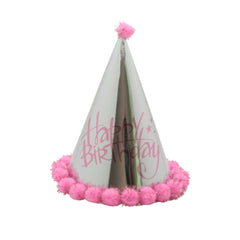 π Kids Birthday Party Hats (Larger Size) β Pink & Blue stylish party hat with pink pom-poms and 'Happy Birthday' design.