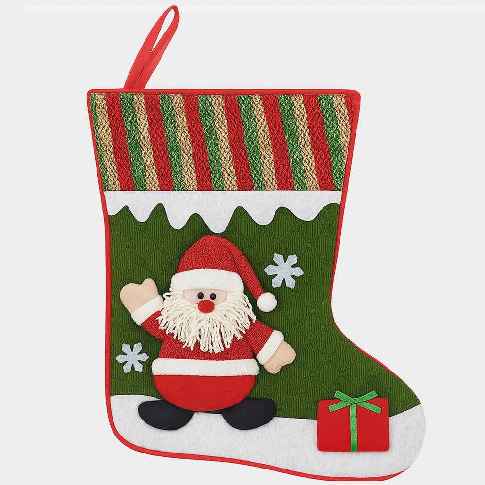 S.Christmas Stocking with Santa design, featuring a red gift and snowflakes on a green background.