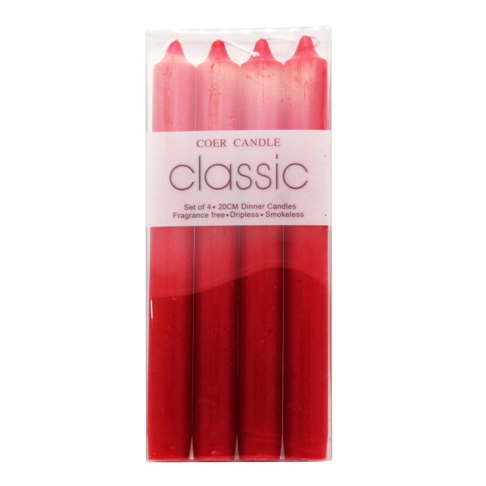 Classic Taper Candles Red(4PCS/2.2*20CM) pack of four unscented low-drip red candles for elegant occasions.
