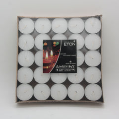 White Tealight Candles(50PCS) packaged in a box, featuring 50 unscented candles for versatile home use.