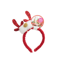 Glitter Antler Headband with red sparkly antlers and fluffy trim for festive holiday celebrations.