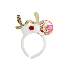 Glitter Antler Headband with golden antlers and red pompom, perfect for festive celebrations and holiday parties.