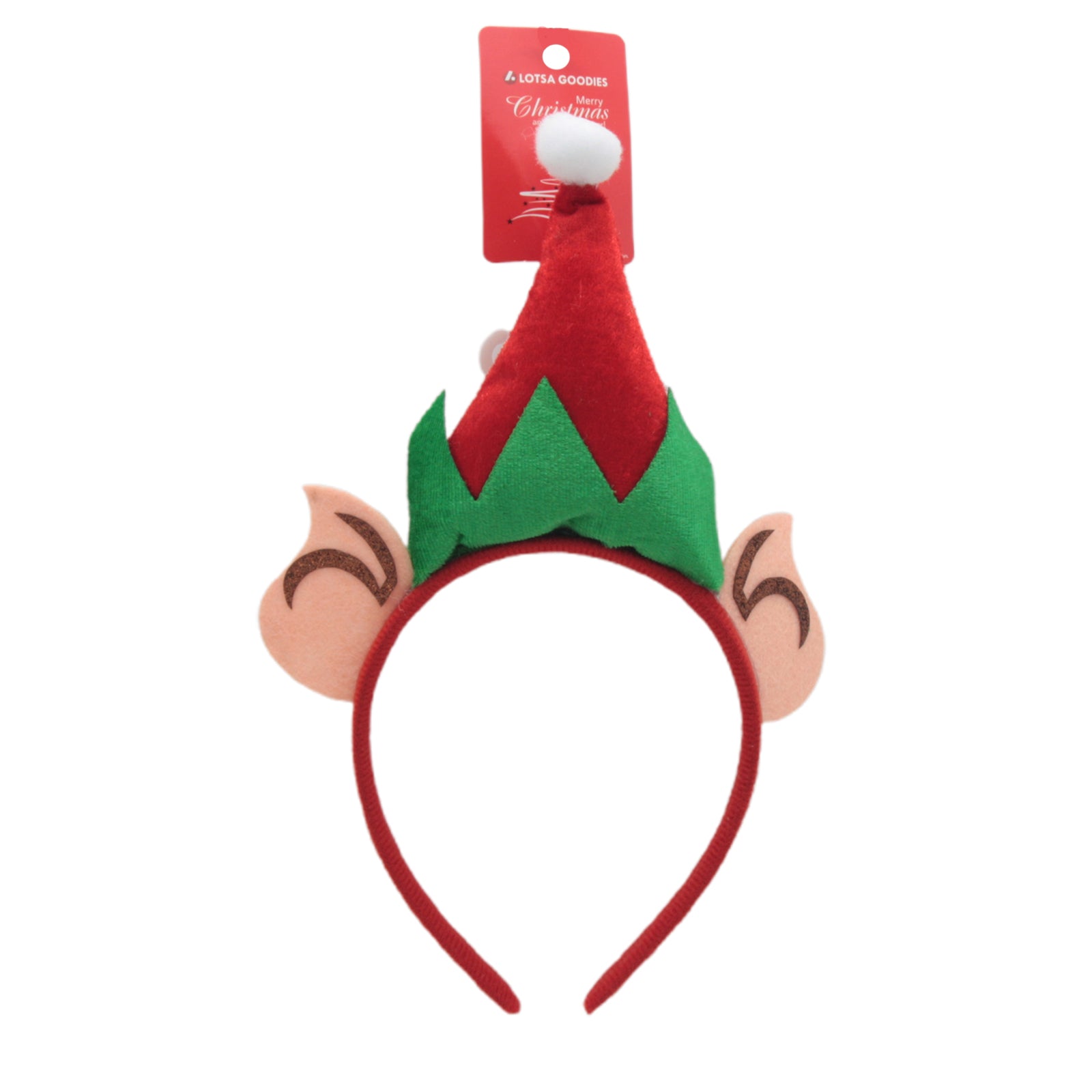 Elf Hat Head Band featuring a festive red and green design with elf ears, perfect for Christmas celebrations.