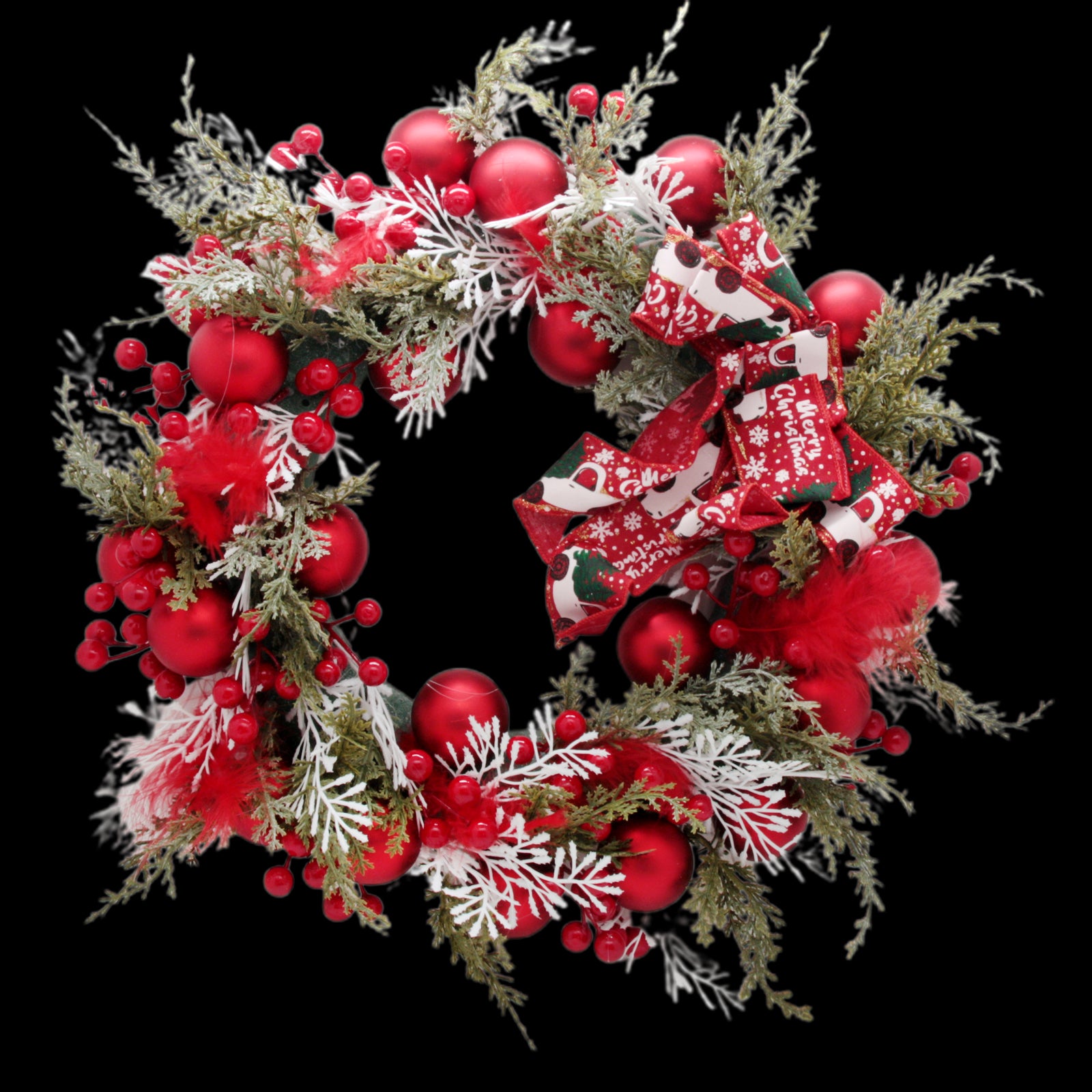Red Holiday Wreath with Snow Accents(45CM) adorned with red ornaments and festive decorations.