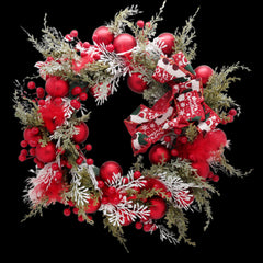 Red Holiday Wreath with Snow Accents(45CM) adorned with red ornaments and festive decorations.