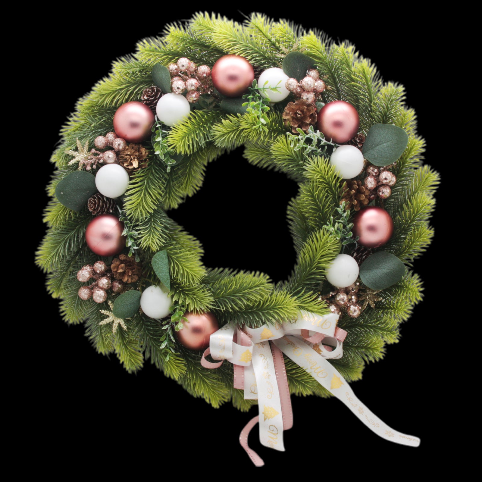 Elegant Rose Gold Holiday Wreath(50CM) adorned with pink ornaments and lush greenery.