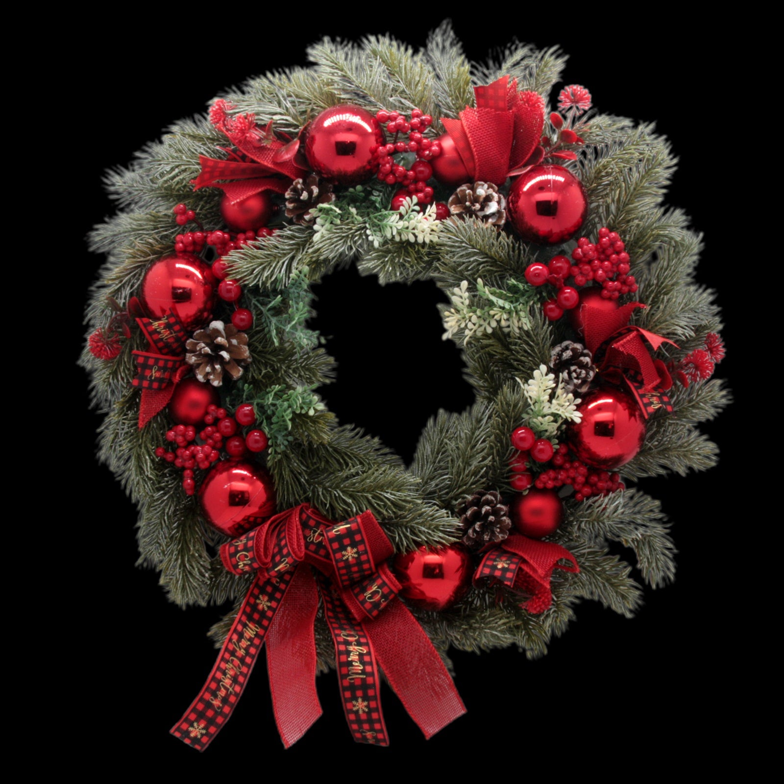Traditional Red Holiday Wreath(45CM) adorned with red ornaments, pine cones, and festive ribbons.