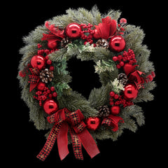 Traditional Red Holiday Wreath(45CM) adorned with red ornaments, pine cones, and festive ribbons.