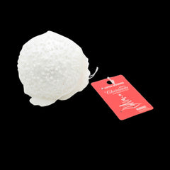 Elegant white Christmas Ball(W) with glitter and a red tag for holiday decorations.