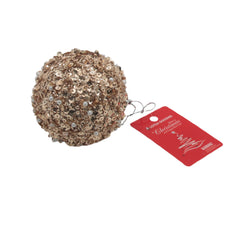Shiny, sequined Christmas Ball(G) ornament with a red tag, perfect for holiday decorations.