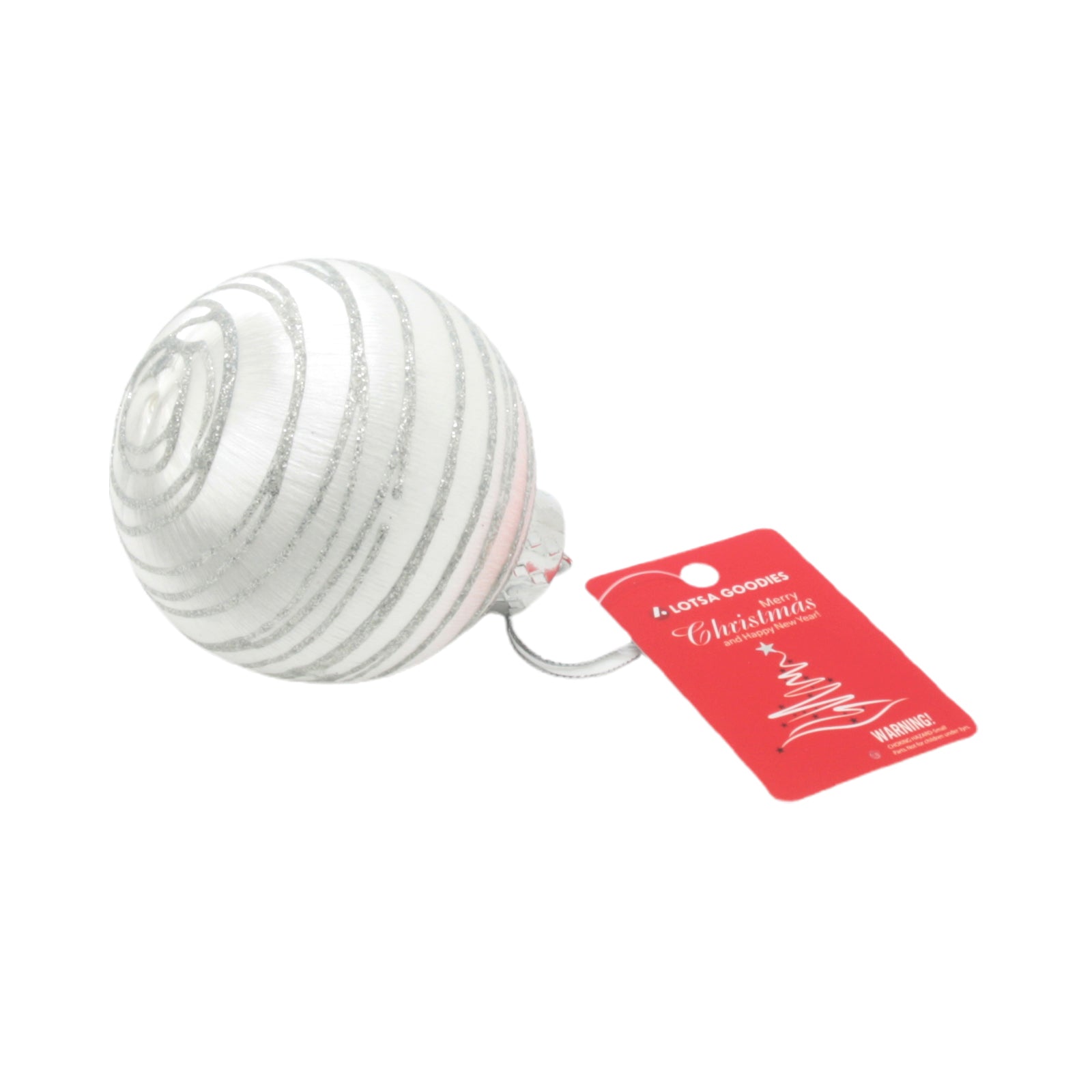 Christmas Ball(S) featuring a white spherical design with silver stripes and a red tag.
