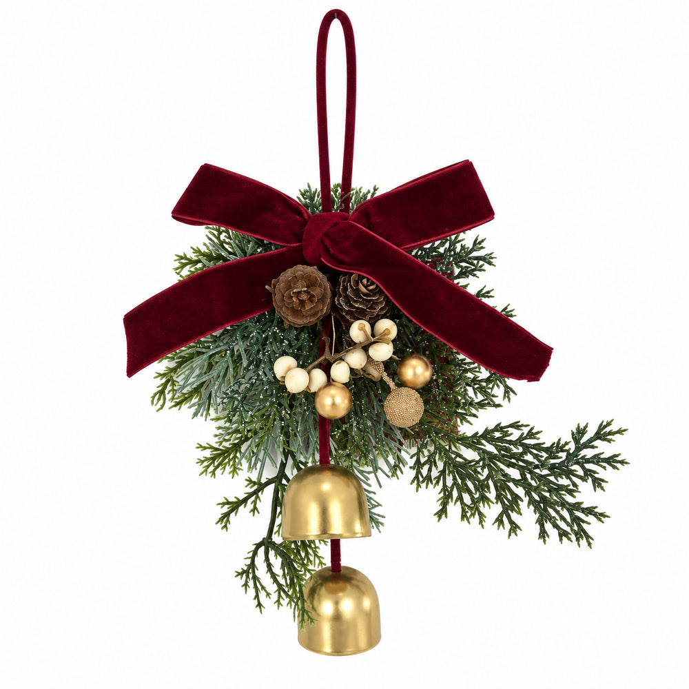 Christmas Pinecone & Bell Ornament with Burgundy Bow