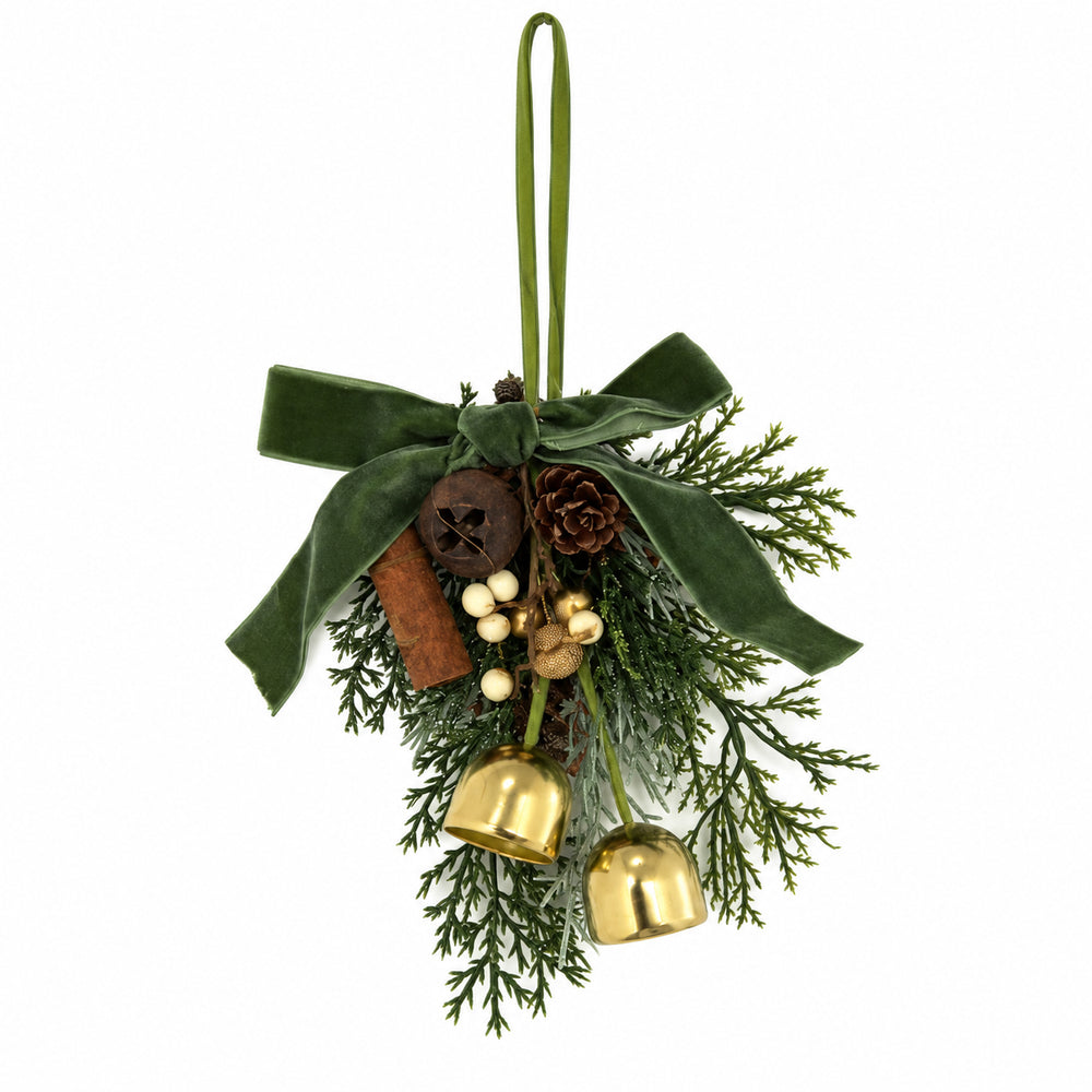 Christmas Pinecone & Bell Ornament with Green Bow
