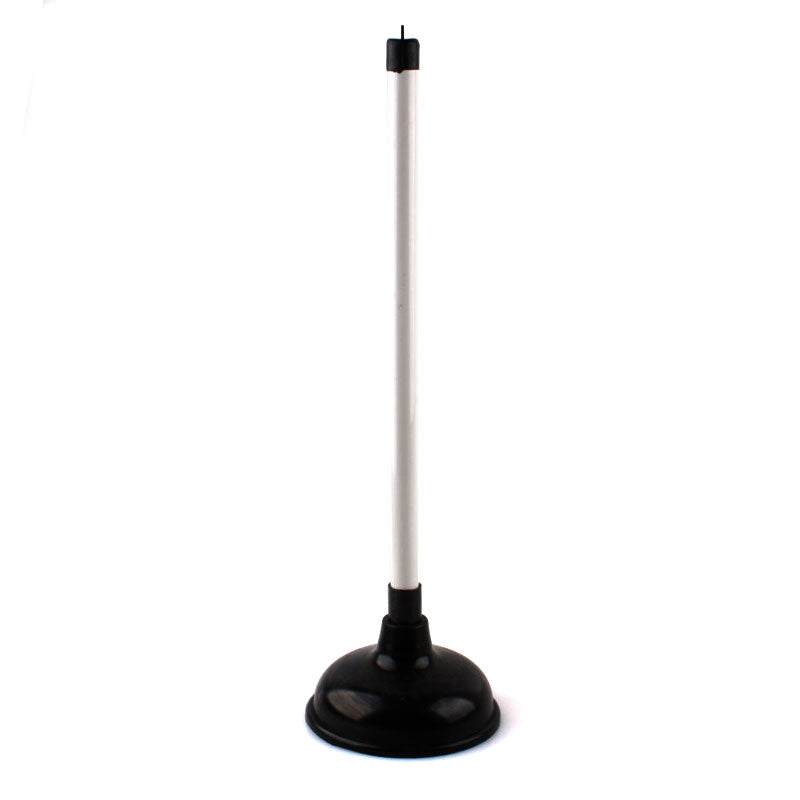 Plunger(L) with a long handle and compact rubber suction base for effective unclogging in households or commercial spaces.